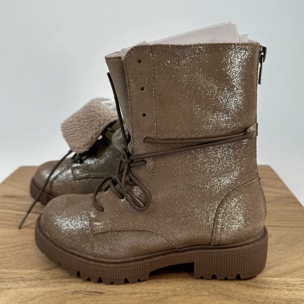 New Kids Steve Madden Taupe GUNNER Ankle Combat Winter boot Fur Size 1